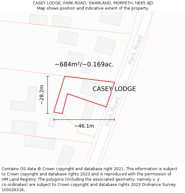 CASEY LODGE, PARK ROAD, SWARLAND, MORPETH, NE65 9JD: Plot and title map