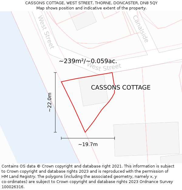 CASSONS COTTAGE, WEST STREET, THORNE, DONCASTER, DN8 5QY: Plot and title map