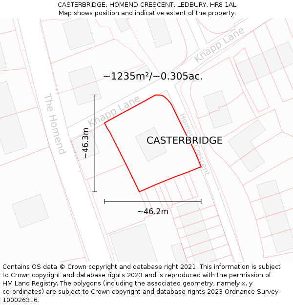 CASTERBRIDGE, HOMEND CRESCENT, LEDBURY, HR8 1AL: Plot and title map