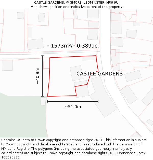 CASTLE GARDENS, WIGMORE, LEOMINSTER, HR6 9UJ: Plot and title map