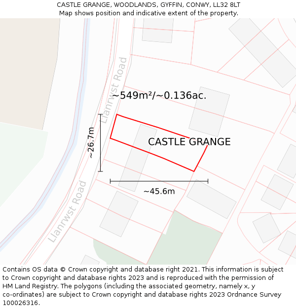 CASTLE GRANGE, WOODLANDS, GYFFIN, CONWY, LL32 8LT: Plot and title map