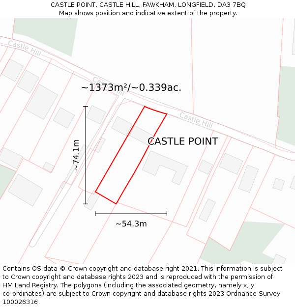 CASTLE POINT, CASTLE HILL, FAWKHAM, LONGFIELD, DA3 7BQ: Plot and title map