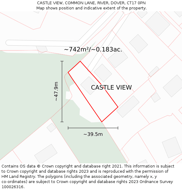 CASTLE VIEW, COMMON LANE, RIVER, DOVER, CT17 0PN: Plot and title map