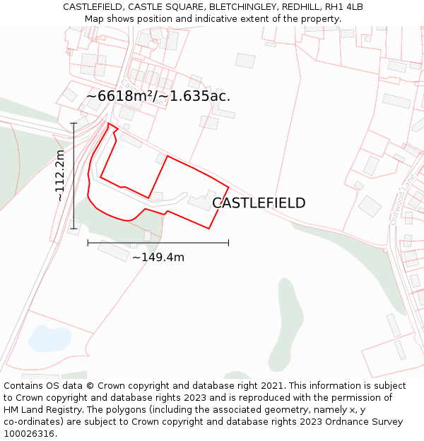 CASTLEFIELD, CASTLE SQUARE, BLETCHINGLEY, REDHILL, RH1 4LB: Plot and title map