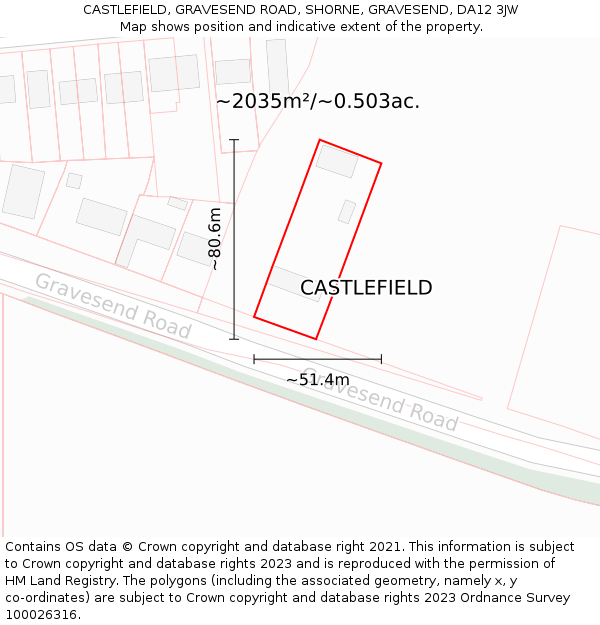 CASTLEFIELD, GRAVESEND ROAD, SHORNE, GRAVESEND, DA12 3JW: Plot and title map