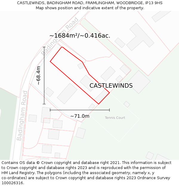 CASTLEWINDS, BADINGHAM ROAD, FRAMLINGHAM, WOODBRIDGE, IP13 9HS: Plot and title map