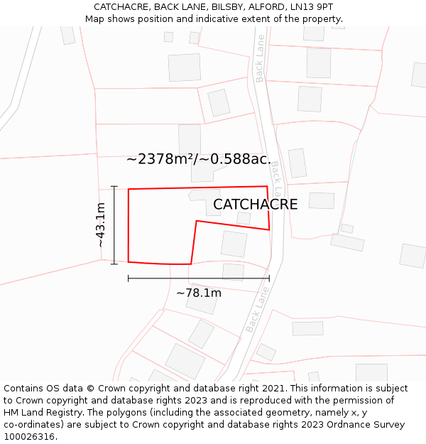 CATCHACRE, BACK LANE, BILSBY, ALFORD, LN13 9PT: Plot and title map