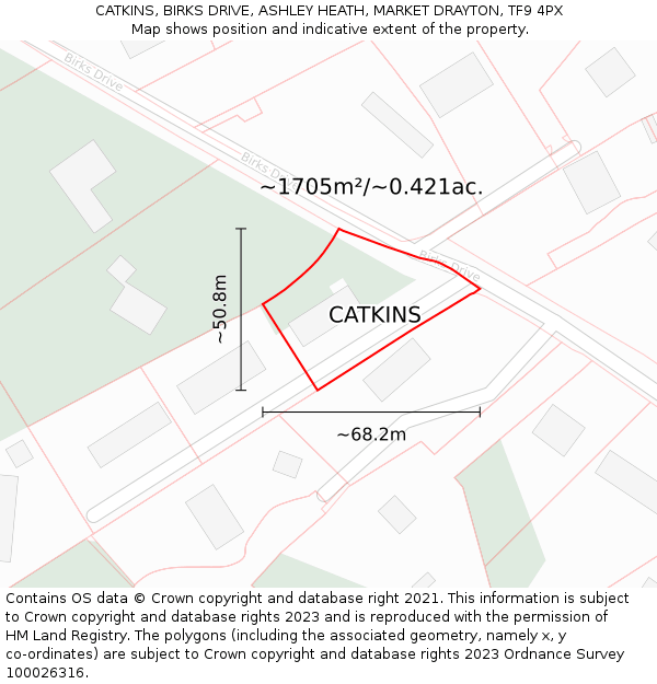 CATKINS, BIRKS DRIVE, ASHLEY HEATH, MARKET DRAYTON, TF9 4PX: Plot and title map