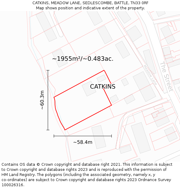 CATKINS, MEADOW LANE, SEDLESCOMBE, BATTLE, TN33 0RF: Plot and title map