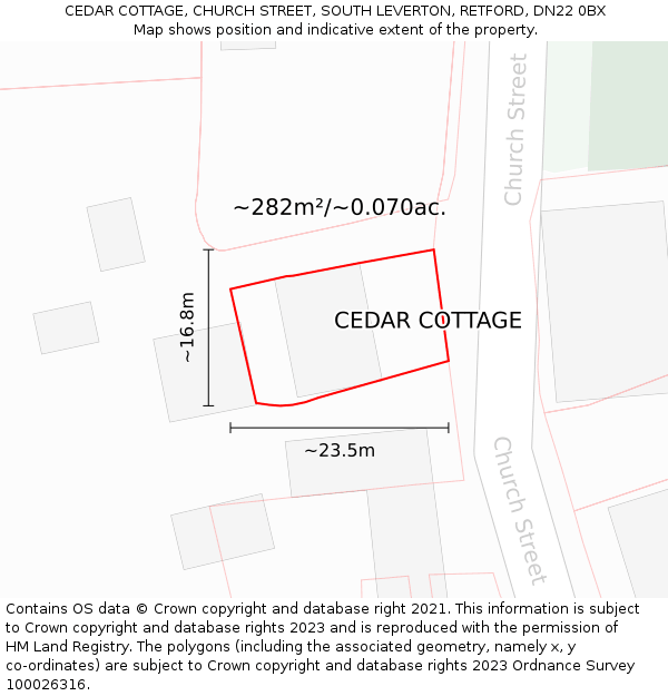 CEDAR COTTAGE, CHURCH STREET, SOUTH LEVERTON, RETFORD, DN22 0BX: Plot and title map