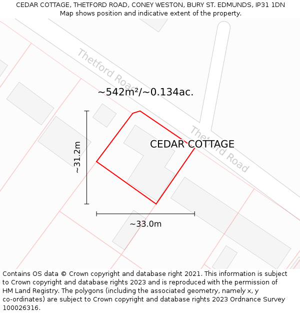 CEDAR COTTAGE, THETFORD ROAD, CONEY WESTON, BURY ST. EDMUNDS, IP31 1DN: Plot and title map