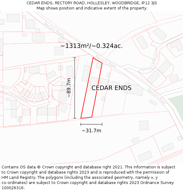 CEDAR ENDS, RECTORY ROAD, HOLLESLEY, WOODBRIDGE, IP12 3JS: Plot and title map