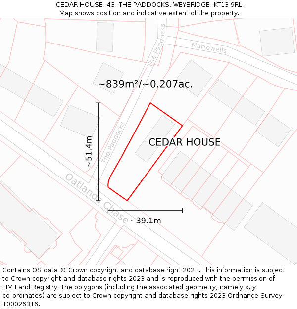 CEDAR HOUSE, 43, THE PADDOCKS, WEYBRIDGE, KT13 9RL: Plot and title map