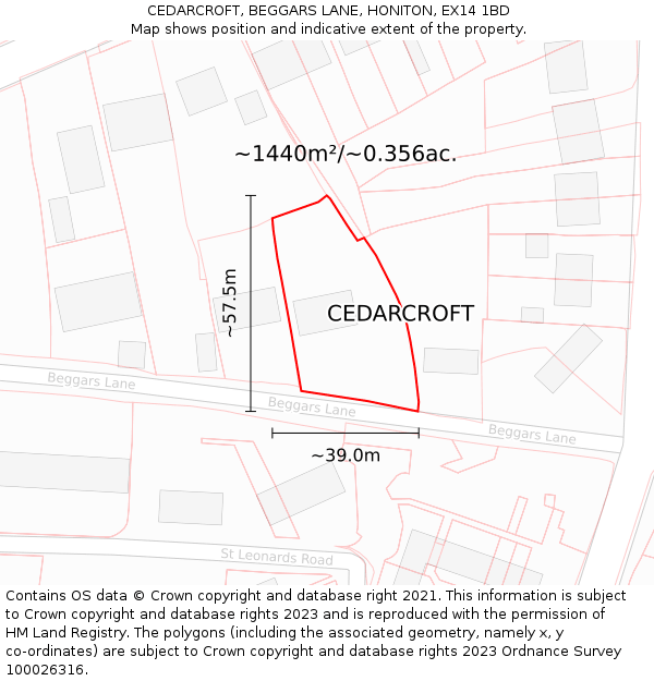 CEDARCROFT, BEGGARS LANE, HONITON, EX14 1BD: Plot and title map