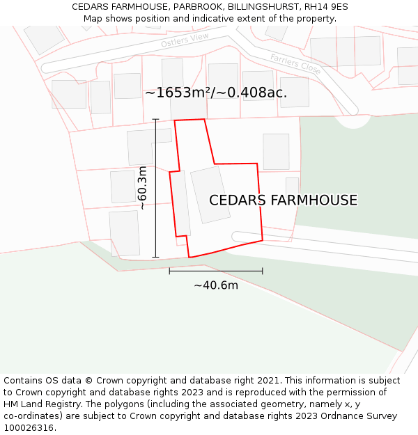 CEDARS FARMHOUSE, PARBROOK, BILLINGSHURST, RH14 9ES: Plot and title map