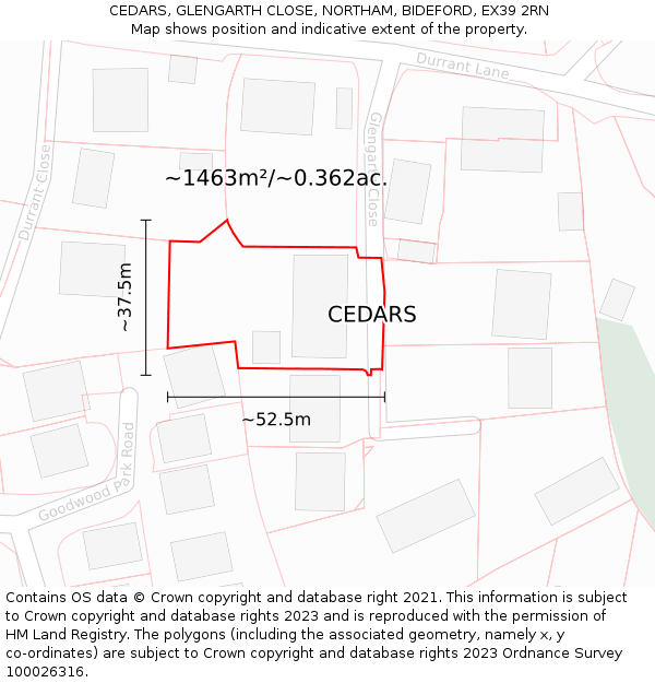 CEDARS, GLENGARTH CLOSE, NORTHAM, BIDEFORD, EX39 2RN: Plot and title map