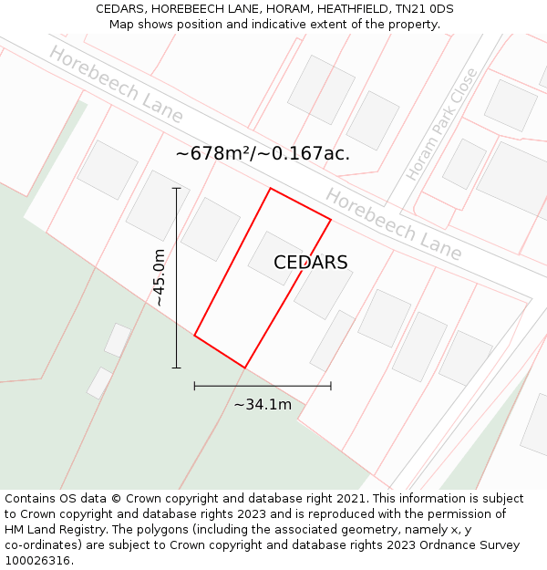CEDARS, HOREBEECH LANE, HORAM, HEATHFIELD, TN21 0DS: Plot and title map