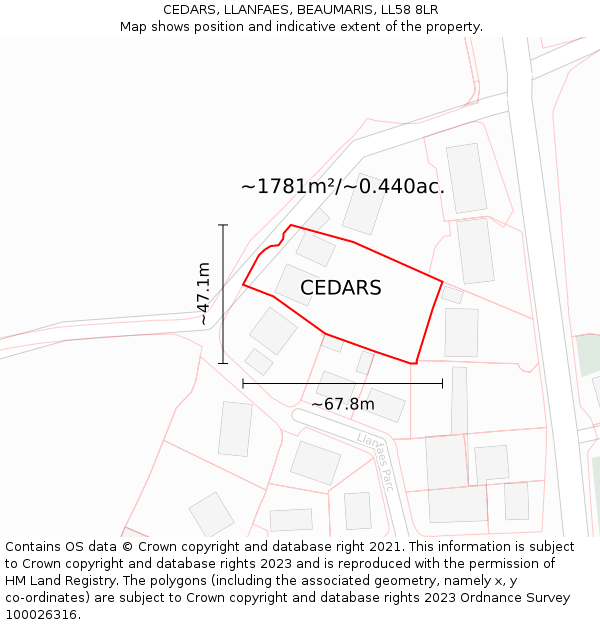 CEDARS, LLANFAES, BEAUMARIS, LL58 8LR: Plot and title map