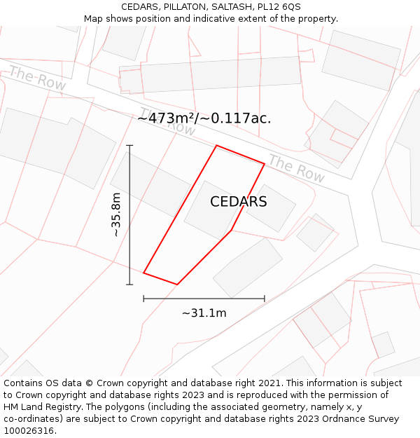 CEDARS, PILLATON, SALTASH, PL12 6QS: Plot and title map