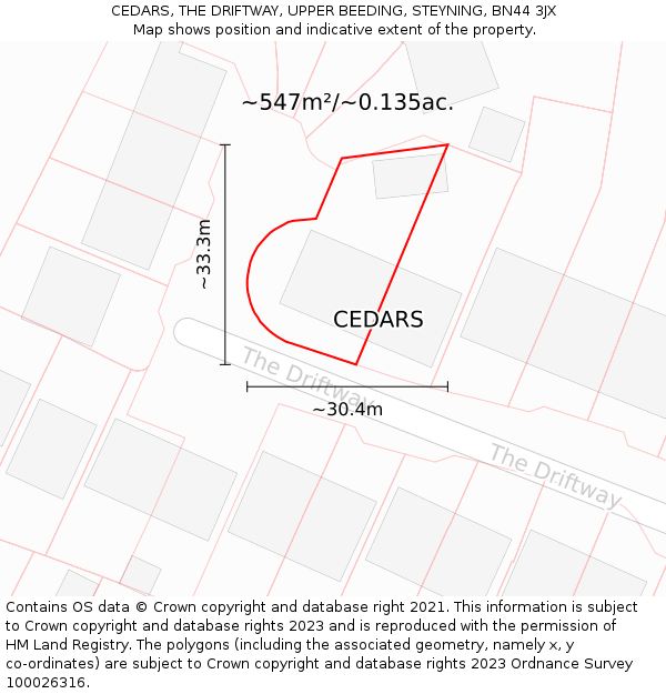 CEDARS, THE DRIFTWAY, UPPER BEEDING, STEYNING, BN44 3JX: Plot and title map