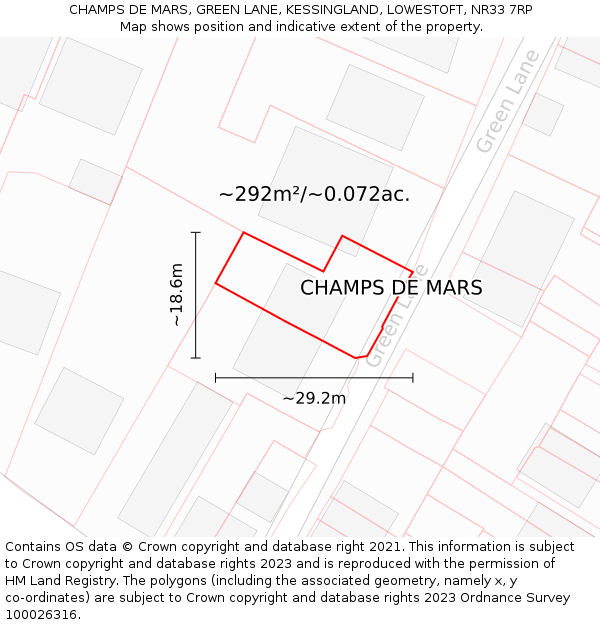 CHAMPS DE MARS, GREEN LANE, KESSINGLAND, LOWESTOFT, NR33 7RP: Plot and title map