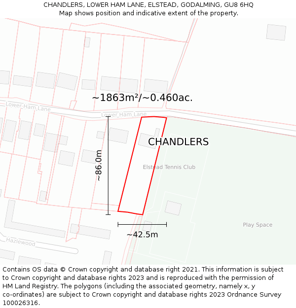 CHANDLERS, LOWER HAM LANE, ELSTEAD, GODALMING, GU8 6HQ: Plot and title map