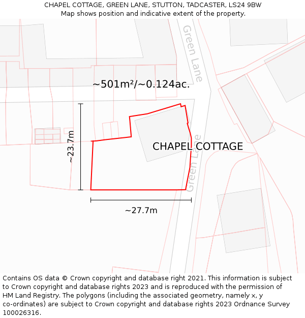 CHAPEL COTTAGE, GREEN LANE, STUTTON, TADCASTER, LS24 9BW: Plot and title map