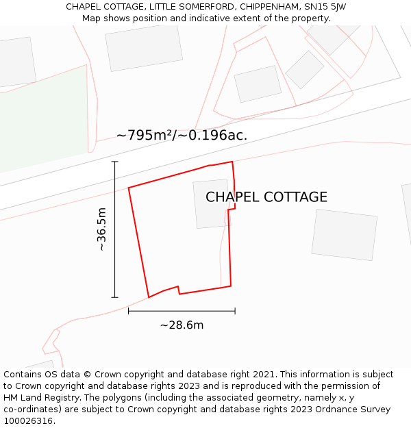 CHAPEL COTTAGE, LITTLE SOMERFORD, CHIPPENHAM, SN15 5JW: Plot and title map