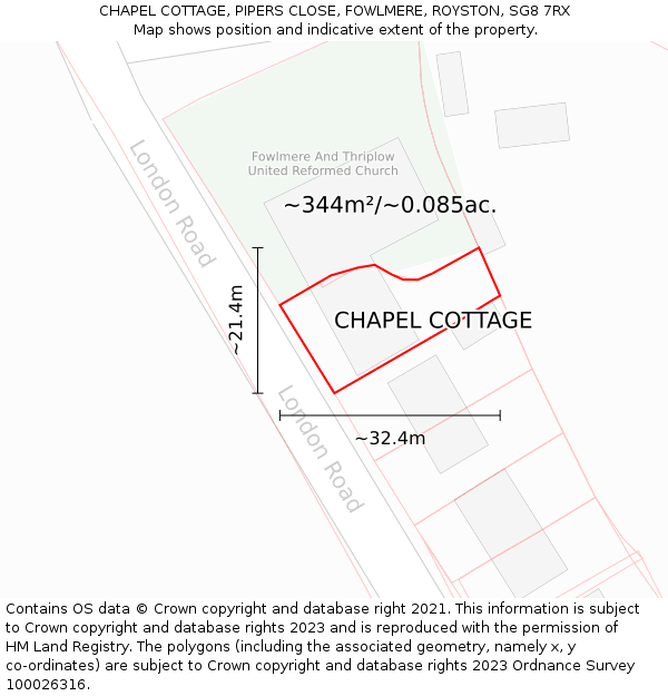 CHAPEL COTTAGE, PIPERS CLOSE, FOWLMERE, ROYSTON, SG8 7RX: Plot and title map
