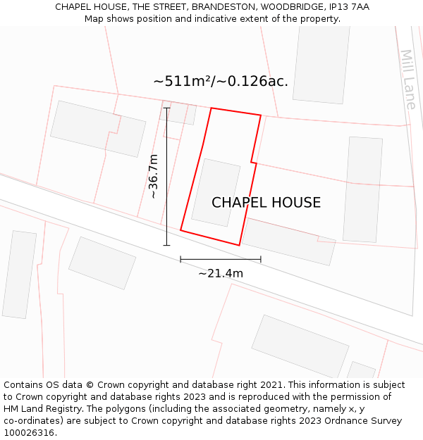CHAPEL HOUSE, THE STREET, BRANDESTON, WOODBRIDGE, IP13 7AA: Plot and title map