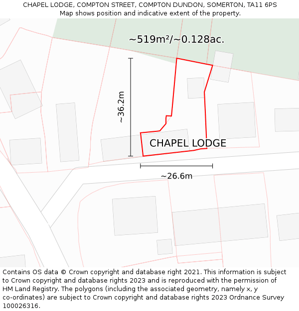 CHAPEL LODGE, COMPTON STREET, COMPTON DUNDON, SOMERTON, TA11 6PS: Plot and title map