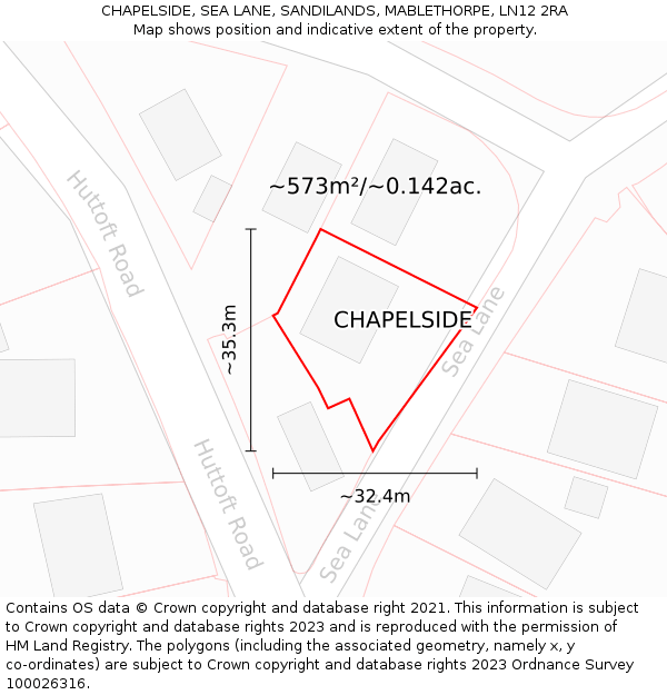 CHAPELSIDE, SEA LANE, SANDILANDS, MABLETHORPE, LN12 2RA: Plot and title map