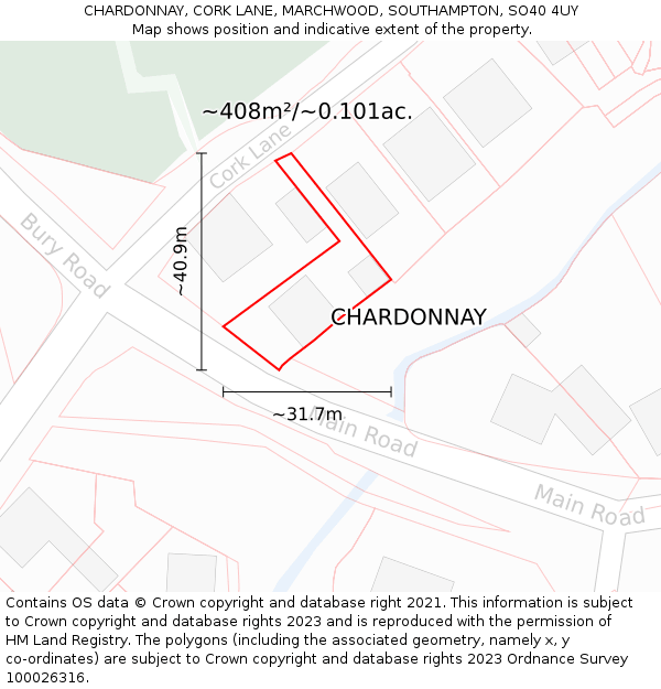 CHARDONNAY, CORK LANE, MARCHWOOD, SOUTHAMPTON, SO40 4UY: Plot and title map