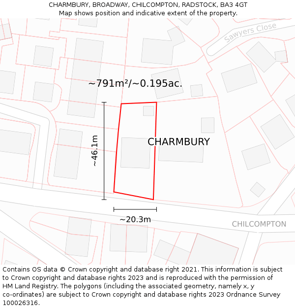 CHARMBURY, BROADWAY, CHILCOMPTON, RADSTOCK, BA3 4GT: Plot and title map