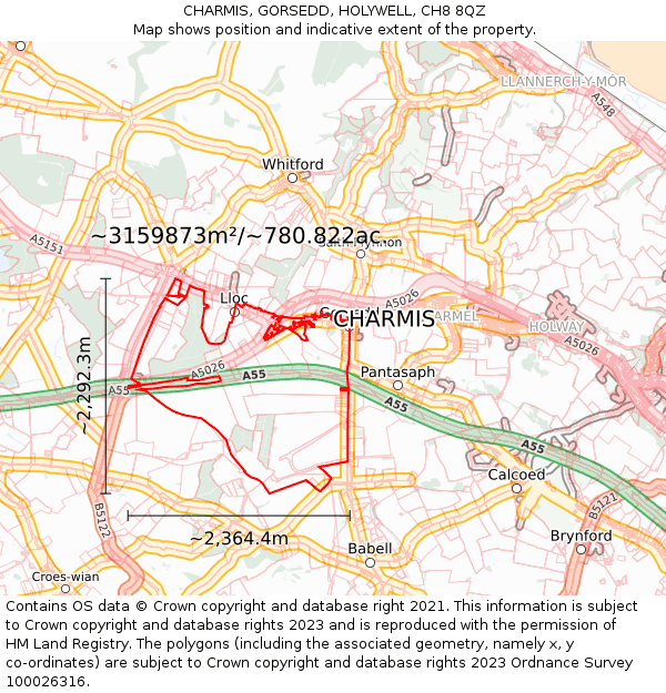 CHARMIS, GORSEDD, HOLYWELL, CH8 8QZ: Plot and title map