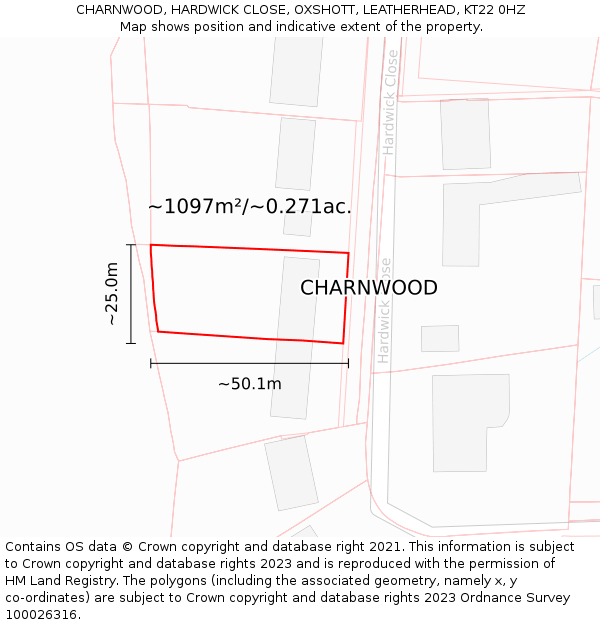 CHARNWOOD, HARDWICK CLOSE, OXSHOTT, LEATHERHEAD, KT22 0HZ: Plot and title map