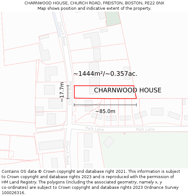 CHARNWOOD HOUSE, CHURCH ROAD, FREISTON, BOSTON, PE22 0NX: Plot and title map