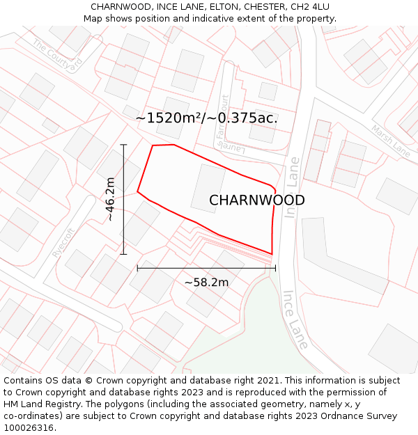 CHARNWOOD, INCE LANE, ELTON, CHESTER, CH2 4LU: Plot and title map