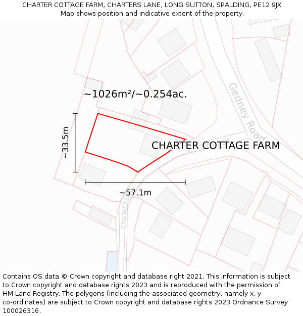 CHARTER COTTAGE FARM, CHARTERS LANE, LONG SUTTON, SPALDING, PE12 9JX: Plot and title map