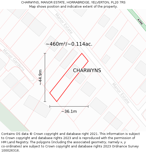 CHARWYNS, MANOR ESTATE, HORRABRIDGE, YELVERTON, PL20 7RS: Plot and title map