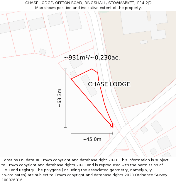 CHASE LODGE, OFFTON ROAD, RINGSHALL, STOWMARKET, IP14 2JD: Plot and title map