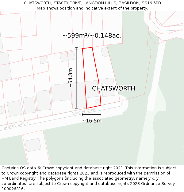 CHATSWORTH, STACEY DRIVE, LANGDON HILLS, BASILDON, SS16 5PB: Plot and title map
