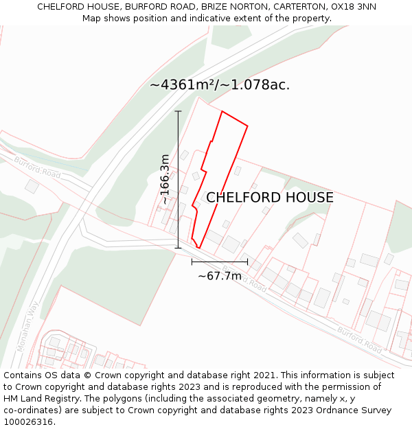 CHELFORD HOUSE, BURFORD ROAD, BRIZE NORTON, CARTERTON, OX18 3NN: Plot and title map