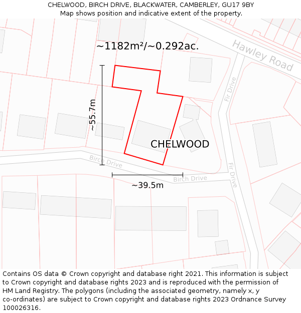 CHELWOOD, BIRCH DRIVE, BLACKWATER, CAMBERLEY, GU17 9BY: Plot and title map