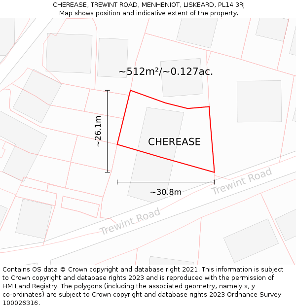 CHEREASE, TREWINT ROAD, MENHENIOT, LISKEARD, PL14 3RJ: Plot and title map