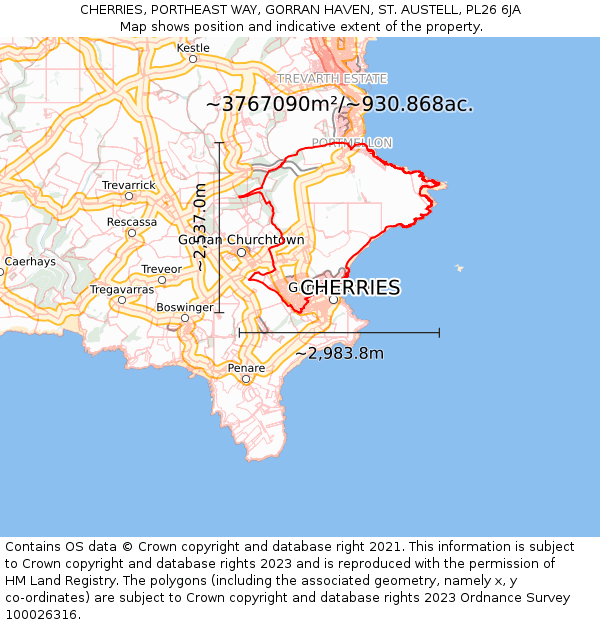 CHERRIES, PORTHEAST WAY, GORRAN HAVEN, ST. AUSTELL, PL26 6JA: Plot and title map