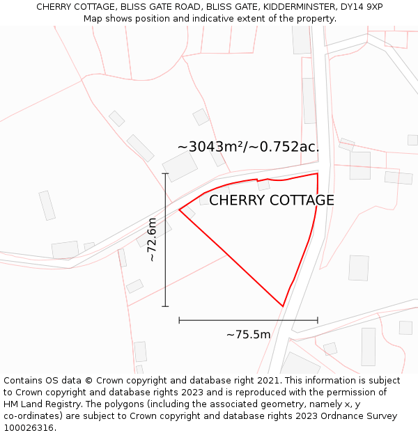 CHERRY COTTAGE, BLISS GATE ROAD, BLISS GATE, KIDDERMINSTER, DY14 9XP: Plot and title map