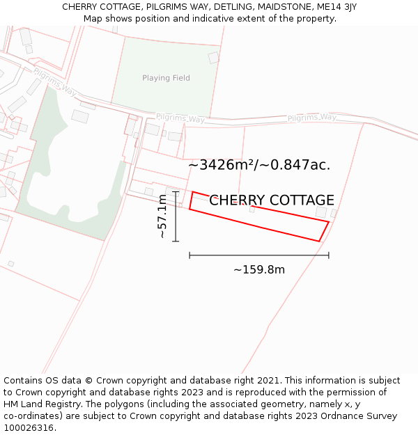 CHERRY COTTAGE, PILGRIMS WAY, DETLING, MAIDSTONE, ME14 3JY: Plot and title map