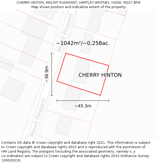 CHERRY HINTON, MOUNT PLEASANT, HARTLEY WINTNEY, HOOK, RG27 8PW: Plot and title map