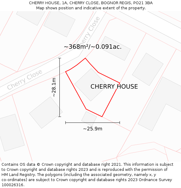 CHERRY HOUSE, 1A, CHERRY CLOSE, BOGNOR REGIS, PO21 3BA: Plot and title map